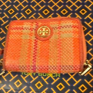 Tory Burch Pink and Orange Woven Crossbody Wallet